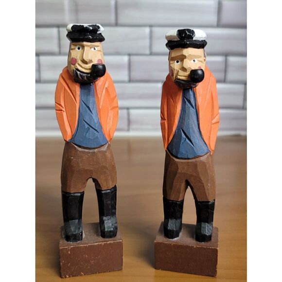 2 Wooden Carved Fisherman #A49 - Picture 1 of 7